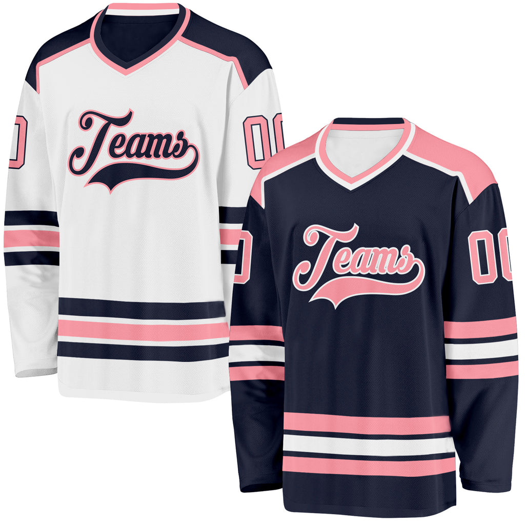 Custom Navy Medium Pink-White Reversible Double Side Hockey Jersey