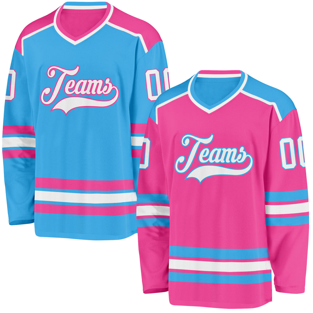 Custom Pink White-Sky Blue Reversible Double Side Hockey Jersey