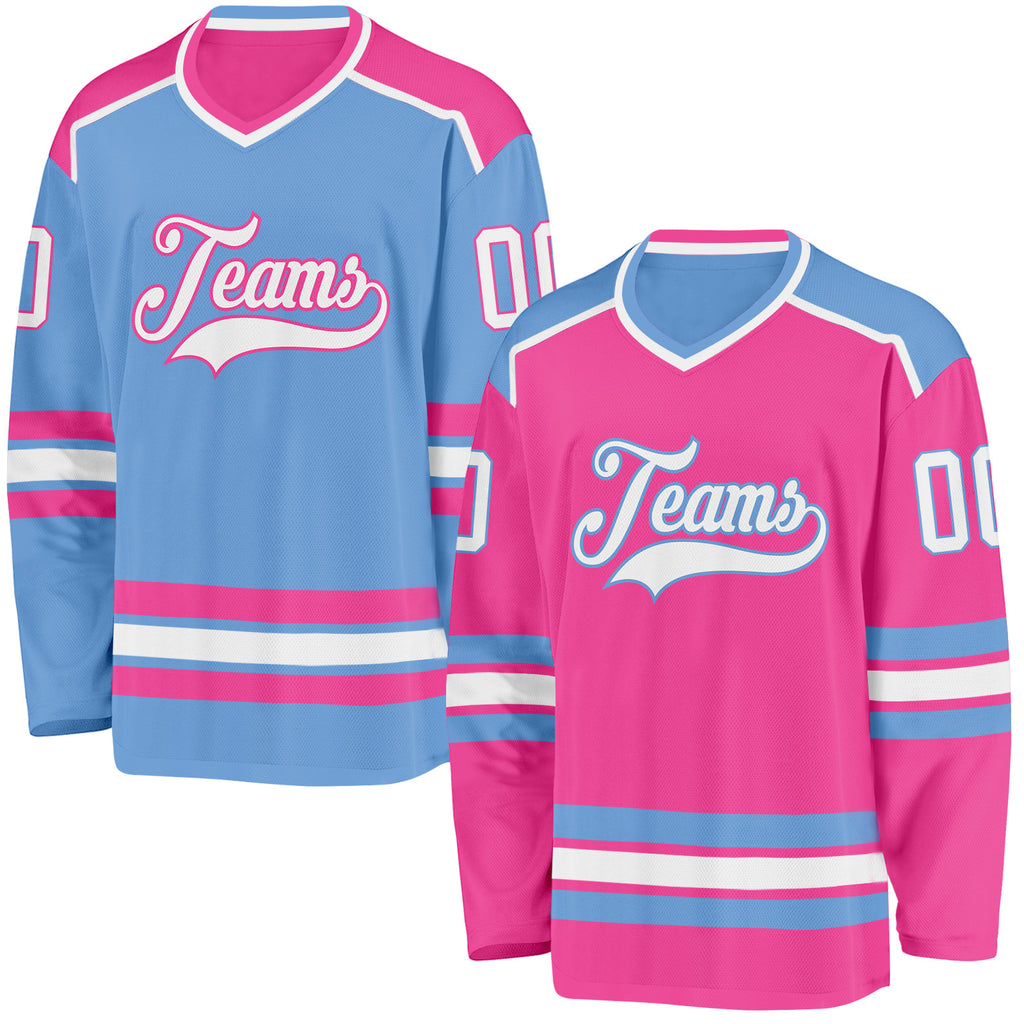 Custom Pink White-Light Blue Reversible Double Side Hockey Jersey