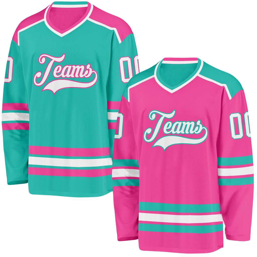 Custom Pink White-Aqua Reversible Double Side Hockey Jersey
