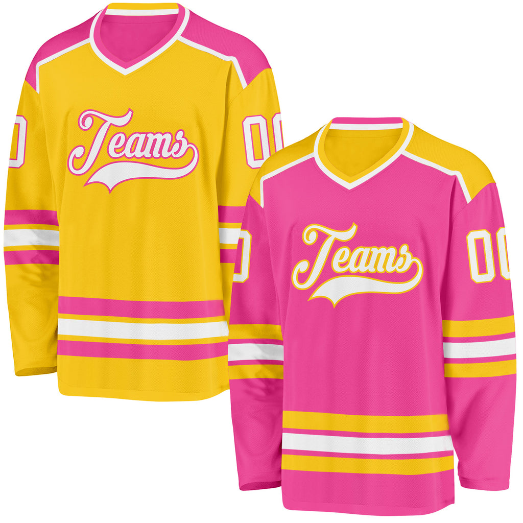 Custom Pink White-Yellow Reversible Double Side Hockey Jersey