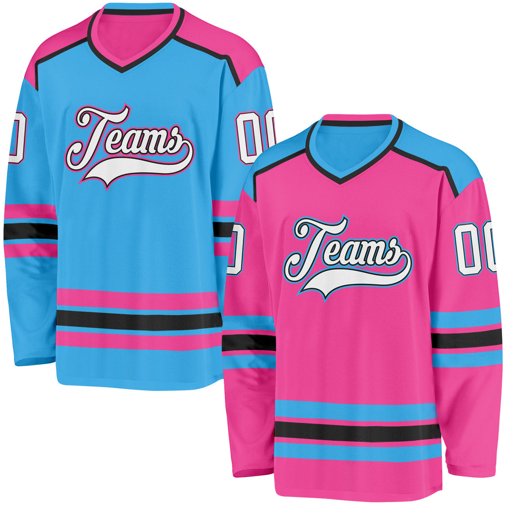Custom Pink White Black-Sky Blue Reversible Double Side Hockey Jersey