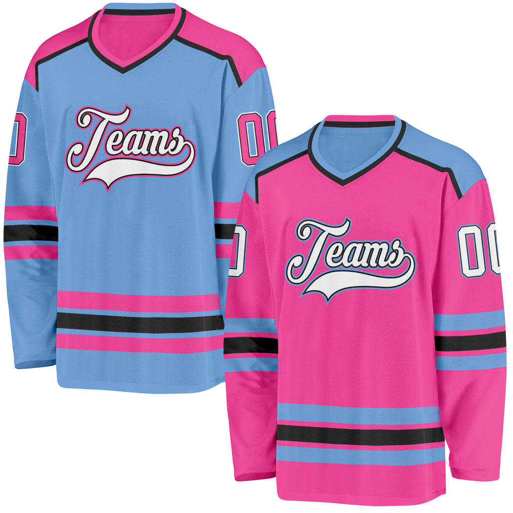 Custom Pink White Black-Light Blue Reversible Double Side Hockey Jersey