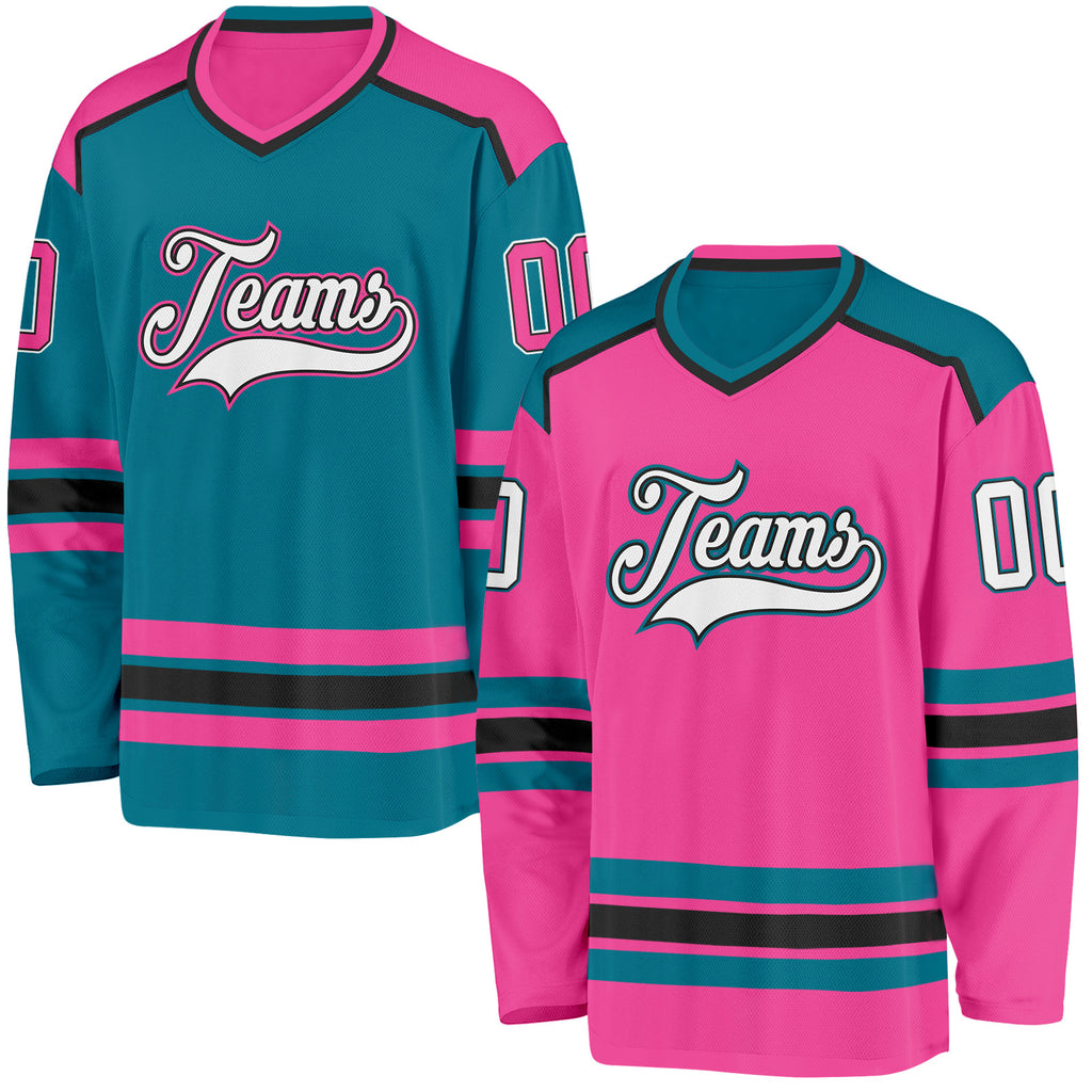 Custom Pink White Black-Teal Reversible Double Side Hockey Jersey