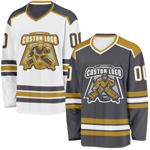 Custom Steel Gray White-Old Gold Reversible Double Side Hockey Jersey