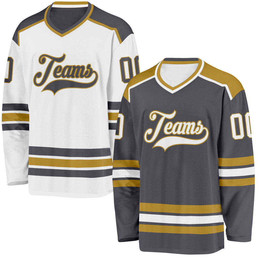 Custom Steel Gray White-Old Gold Reversible Double Side Hockey Jersey