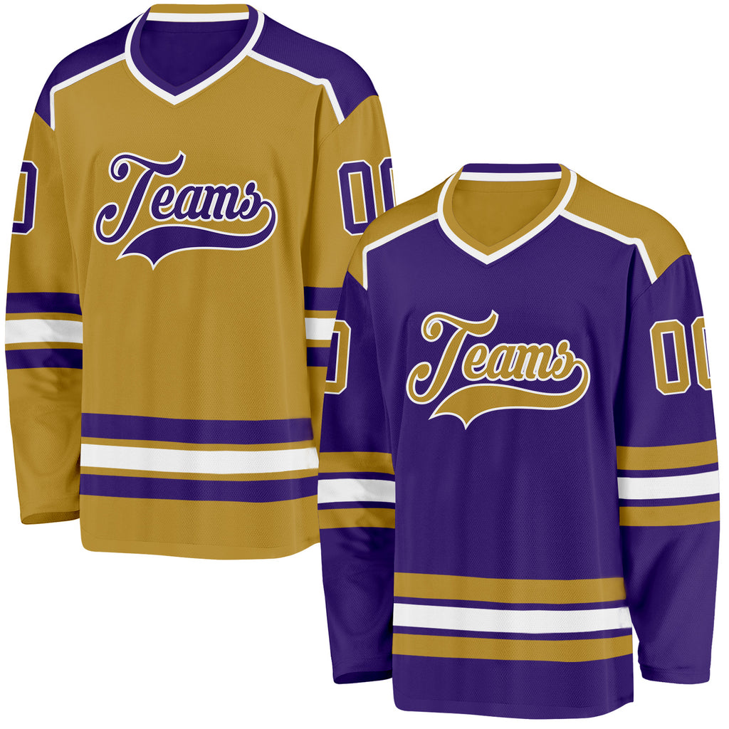Custom Purple Old Gold-White Reversible Double Side Hockey Jersey