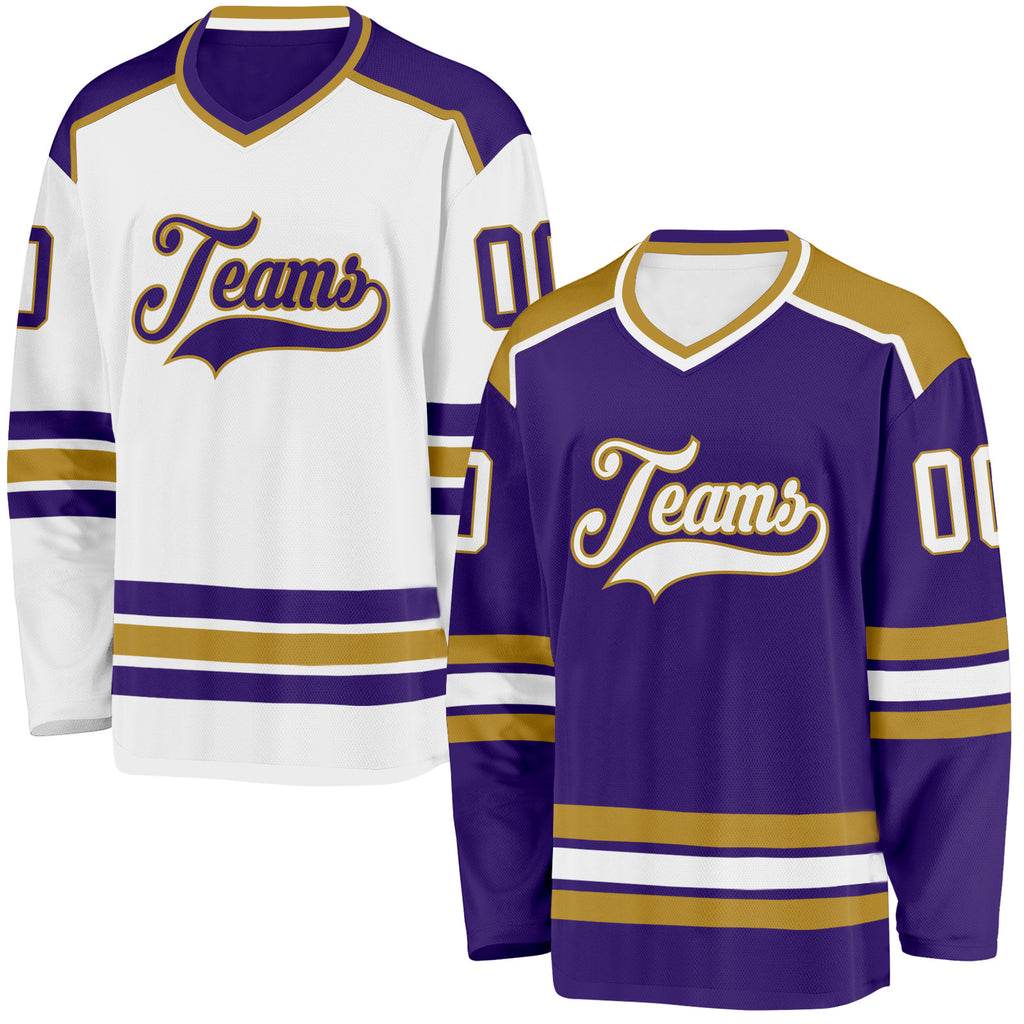 Custom Purple White-Old Gold Reversible Double Side Hockey Jersey