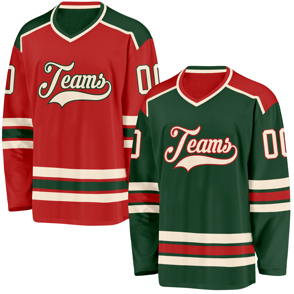 Custom Green Cream-Red Reversible Double Side Hockey Jersey
