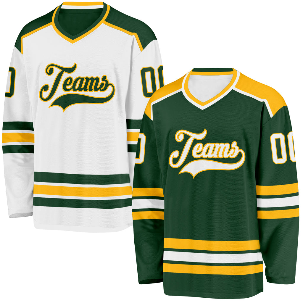 Custom Green White-Gold Reversible Double Side Hockey Jersey