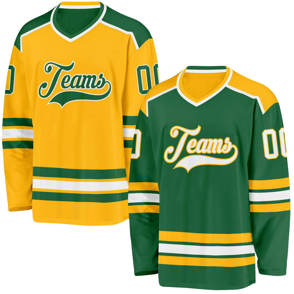 Custom Kelly Green White-Gold Reversible Double Side Hockey Jersey