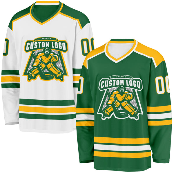 Custom Kelly Green White-Gold Reversible Double Side Hockey Jersey