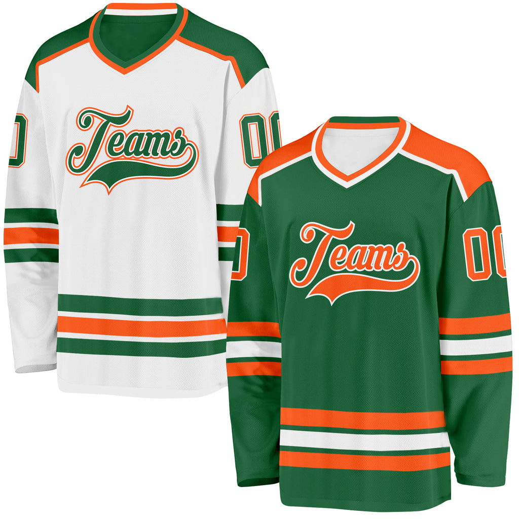 Custom Kelly Green Orange-White Reversible Double Side Hockey Jersey