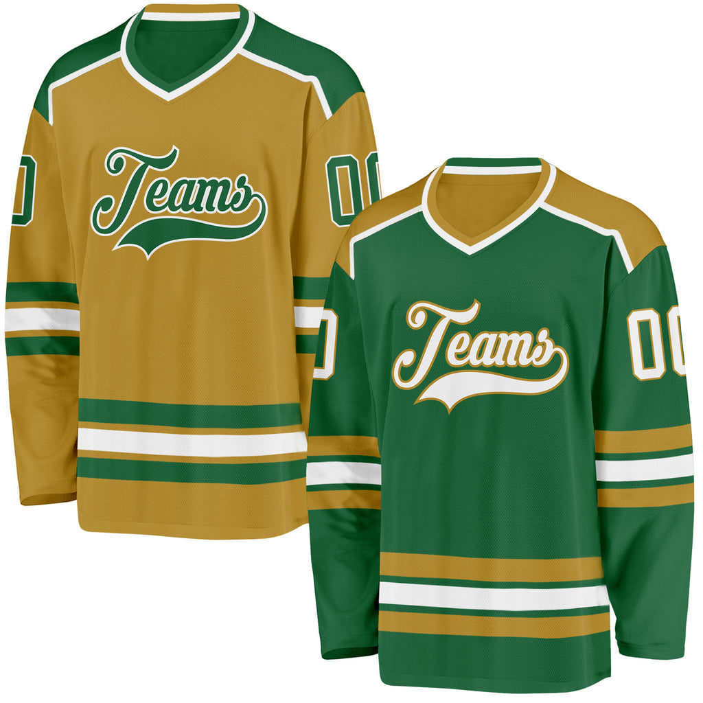 Custom Kelly Green White-Old Gold Reversible Double Side Hockey Jersey