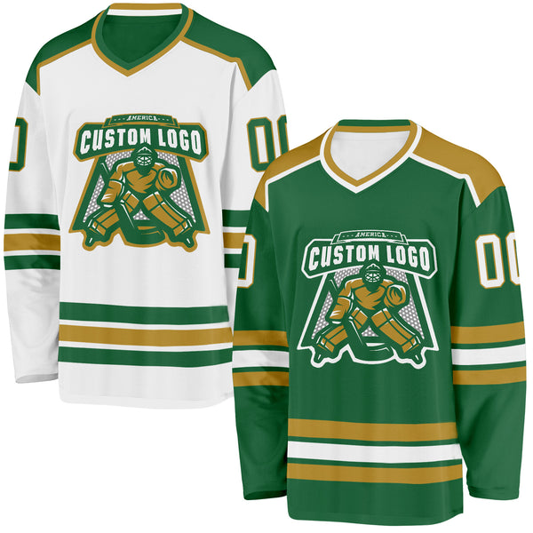 Custom Kelly Green White-Old Gold Reversible Double Side Hockey Jersey