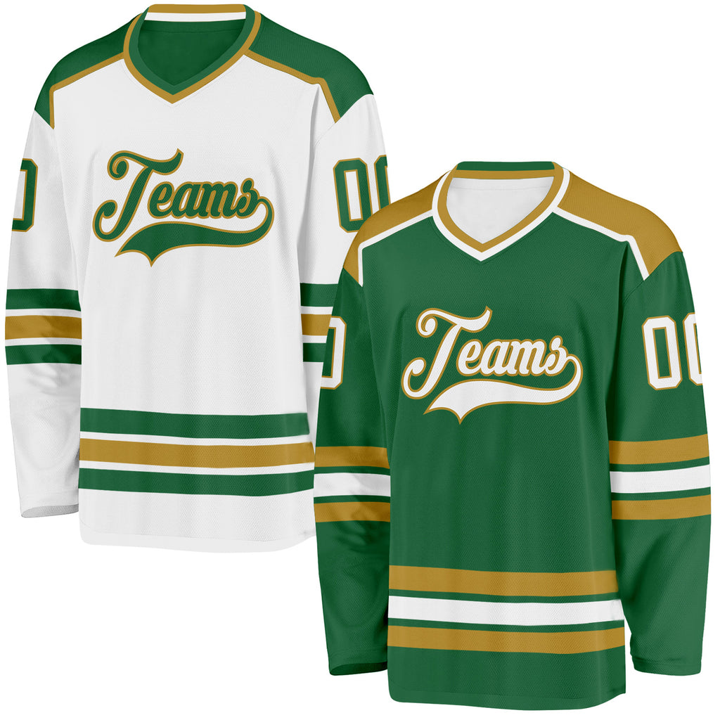 Custom Kelly Green White-Old Gold Reversible Double Side Hockey Jersey