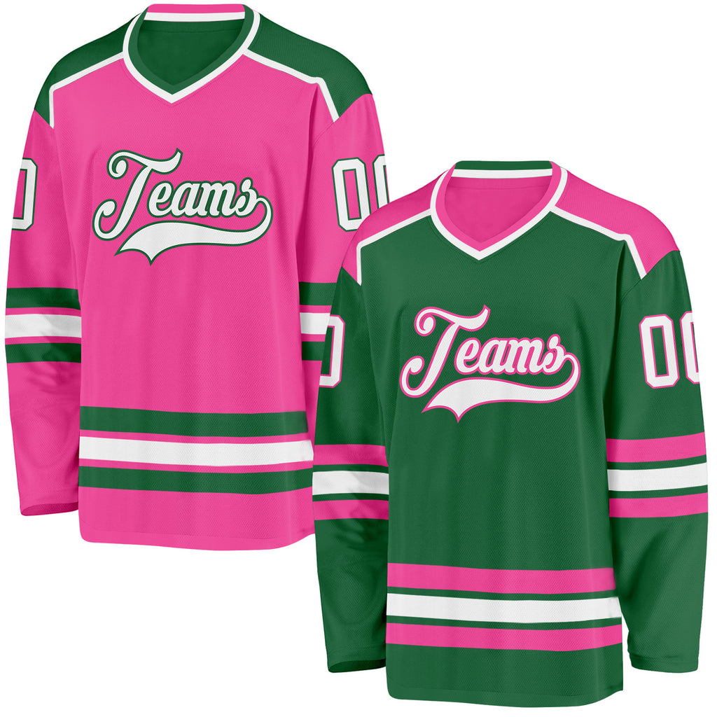 Custom Kelly Green White-Pink Reversible Double Side Hockey Jersey