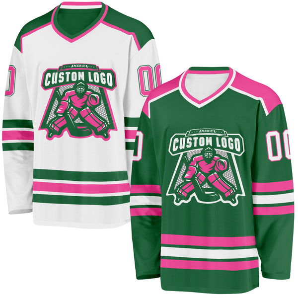 Custom Kelly Green White-Pink Reversible Double Side Hockey Jersey