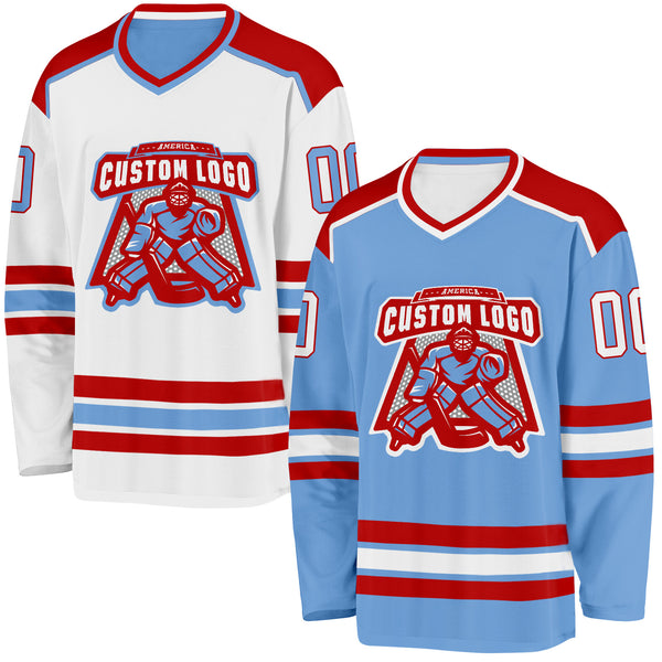Custom Light Blue White-Red Reversible Double Side Hockey Jersey