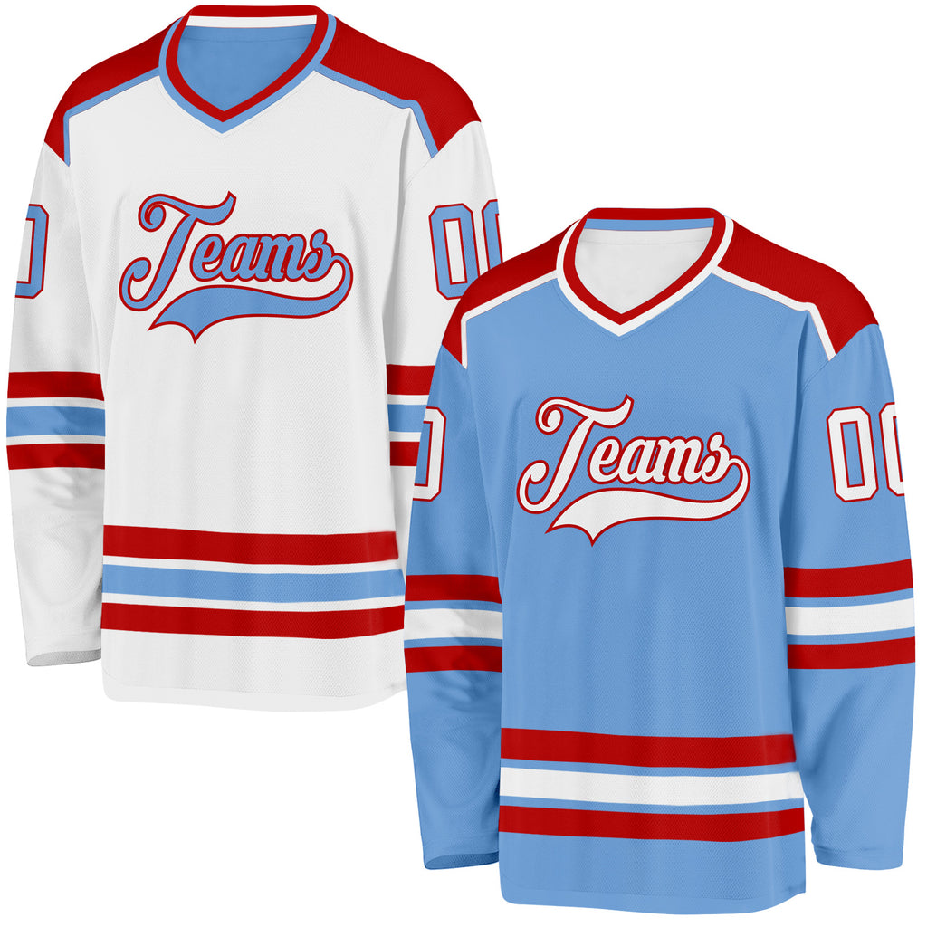 Custom Light Blue White-Red Reversible Double Side Hockey Jersey