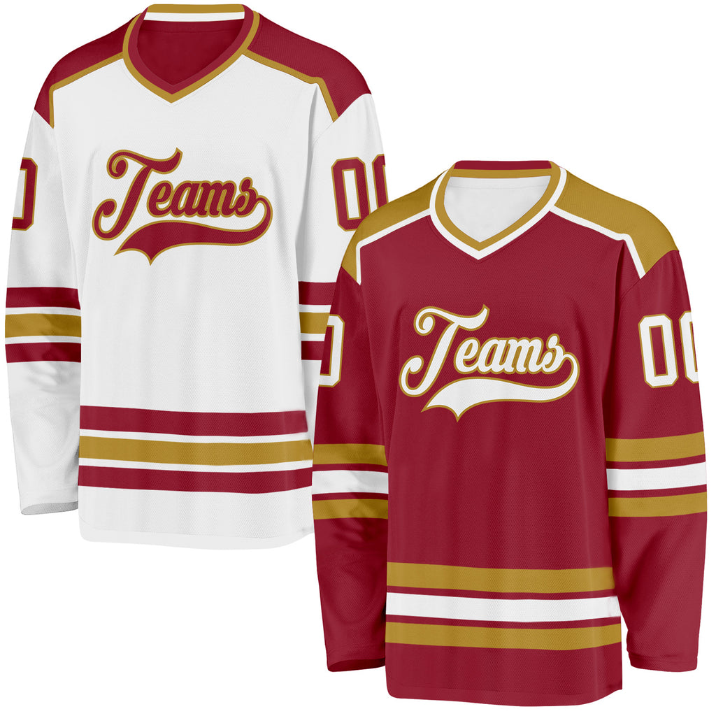 Custom Maroon White-Old Gold Reversible Double Side Hockey Jersey