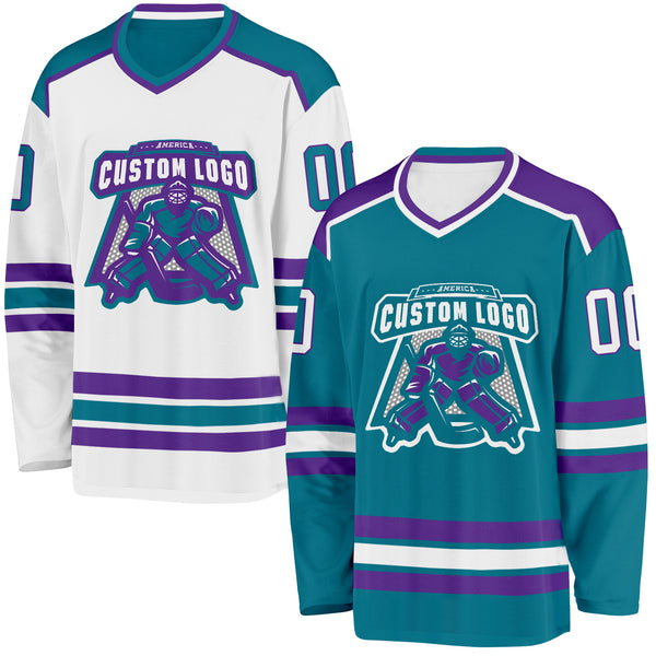 Custom Teal White-Purple Reversible Double Side Hockey Jersey