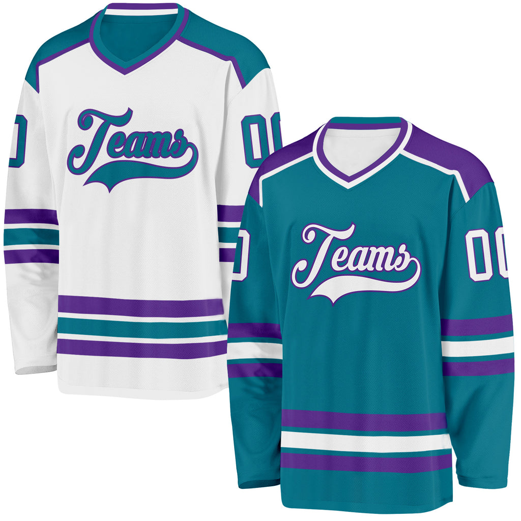 Custom Teal White-Purple Reversible Double Side Hockey Jersey