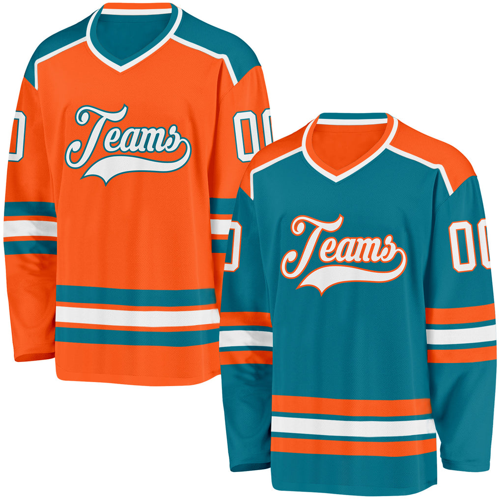 Custom Teal White-Orange Reversible Double Side Hockey Jersey