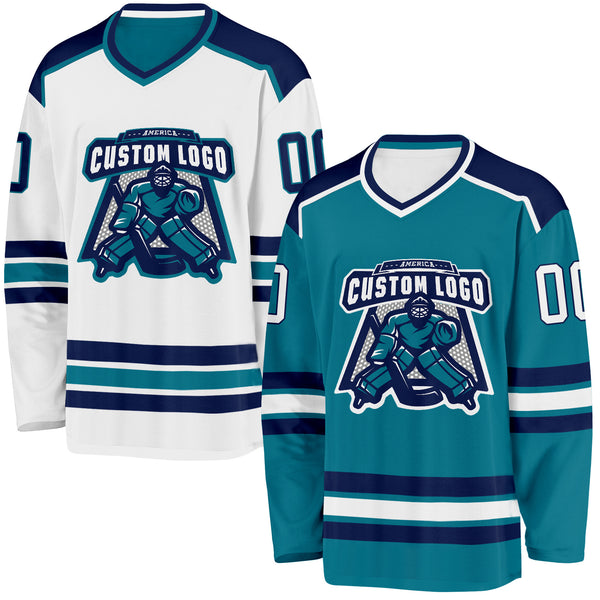 Custom Teal White-Navy Reversible Double Side Hockey Jersey