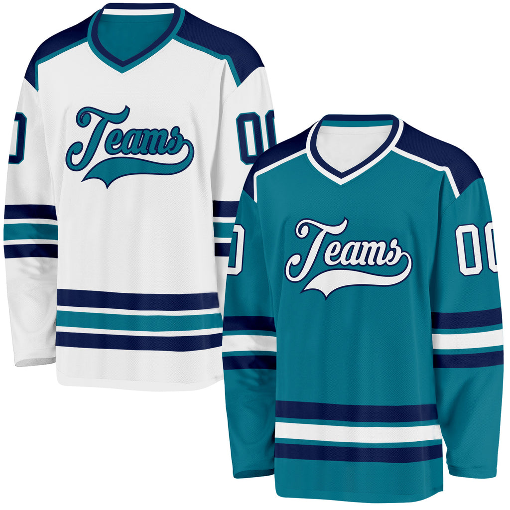 Custom Teal White-Navy Reversible Double Side Hockey Jersey