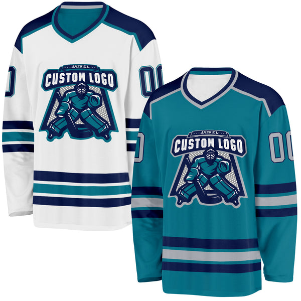 Custom Teal Gray-Navy Reversible Double Side Hockey Jersey