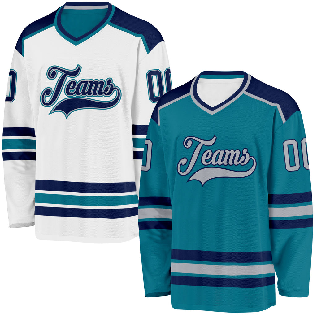 Custom Teal Gray-Navy Reversible Double Side Hockey Jersey
