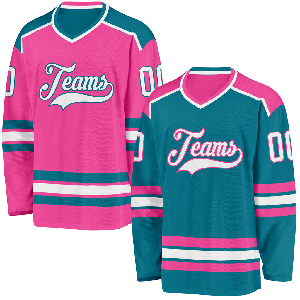 Custom Teal White-Pink Reversible Double Side Hockey Jersey
