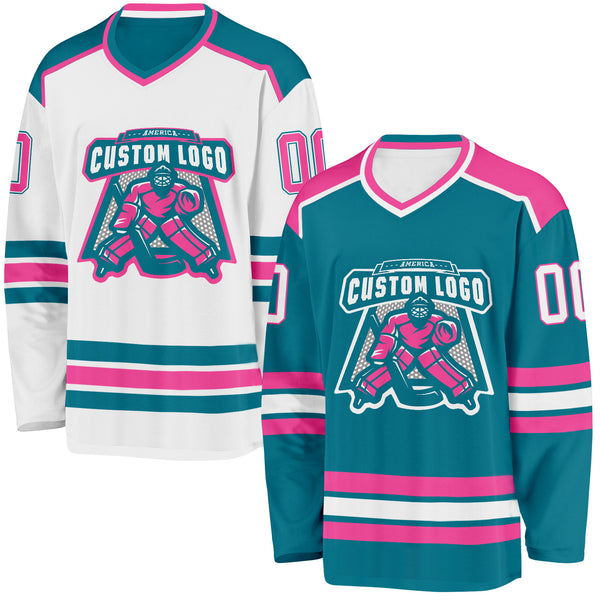 Custom Teal White-Pink Reversible Double Side Hockey Jersey