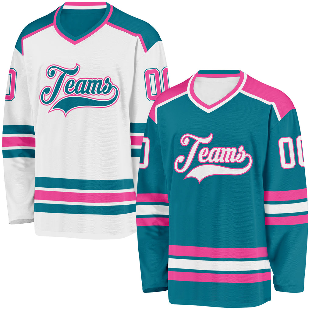 Custom Teal White-Pink Reversible Double Side Hockey Jersey