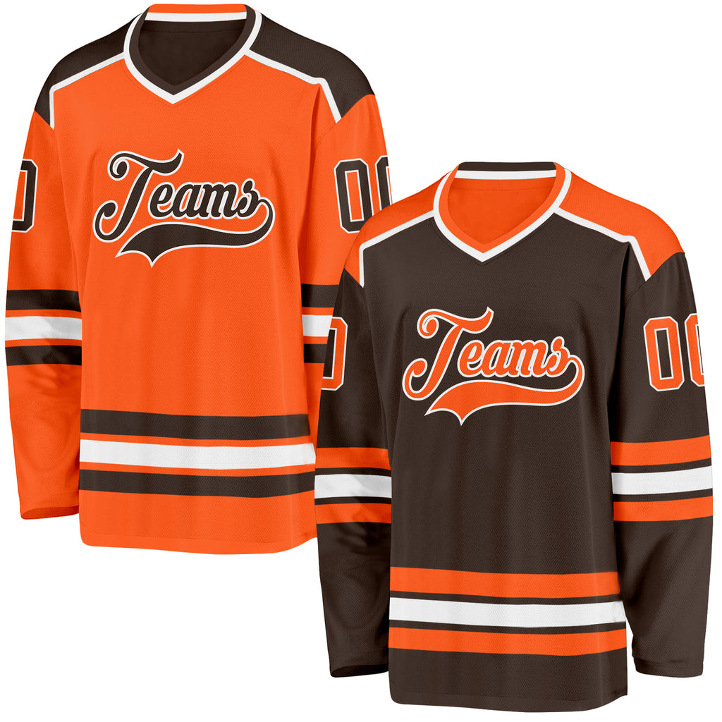 Custom Brown Orange-White Reversible Double Side Hockey Jersey