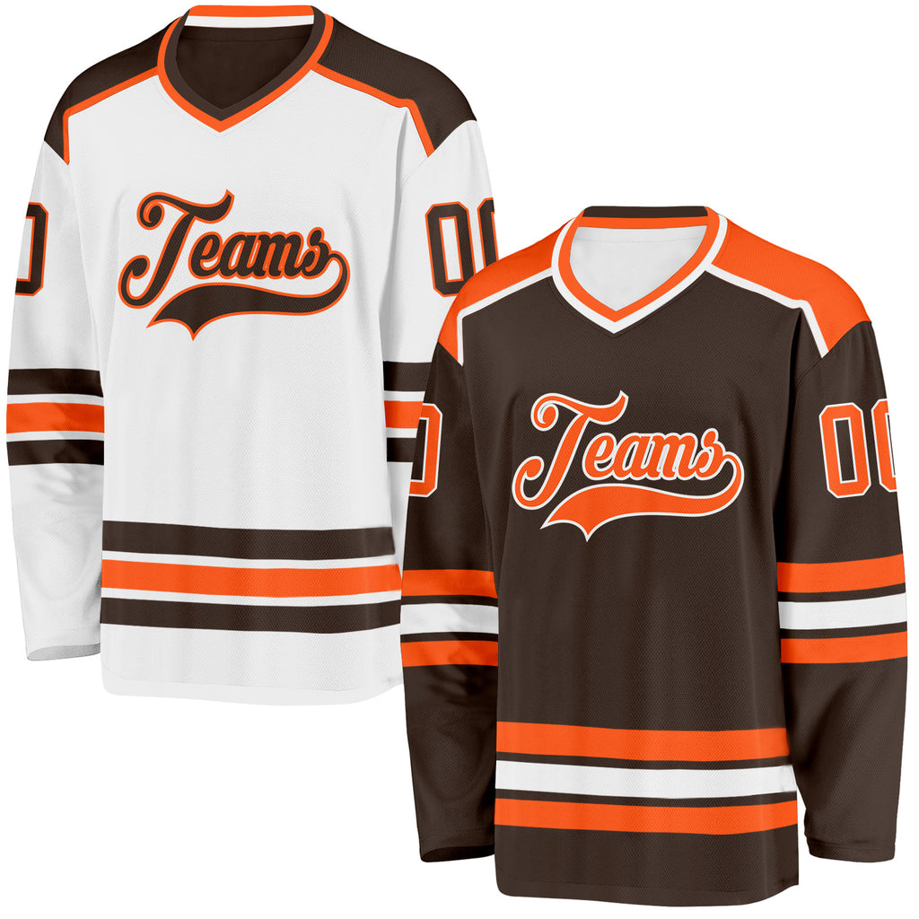 Custom Brown Orange-White Reversible Double Side Hockey Jersey
