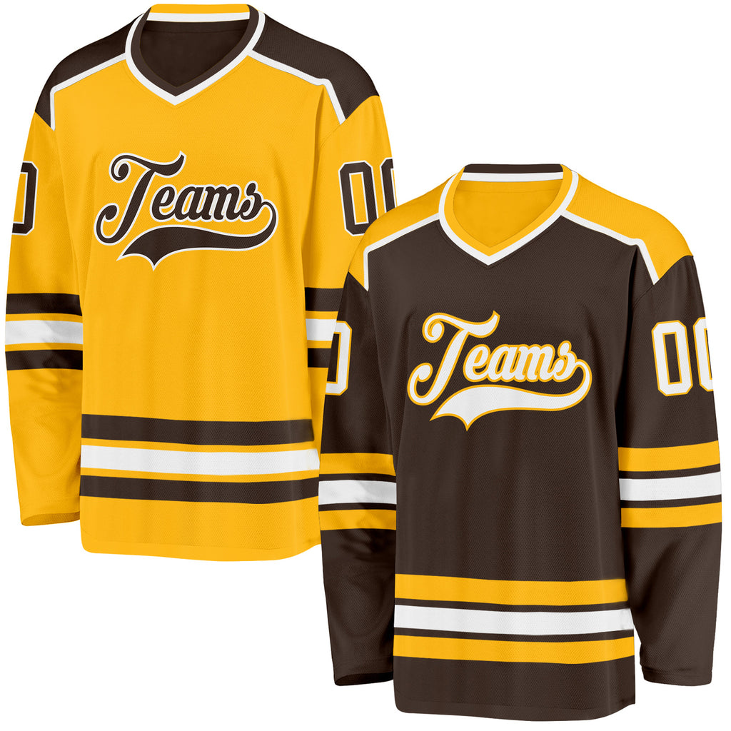 Custom Brown White-Gold Reversible Double Side Hockey Jersey