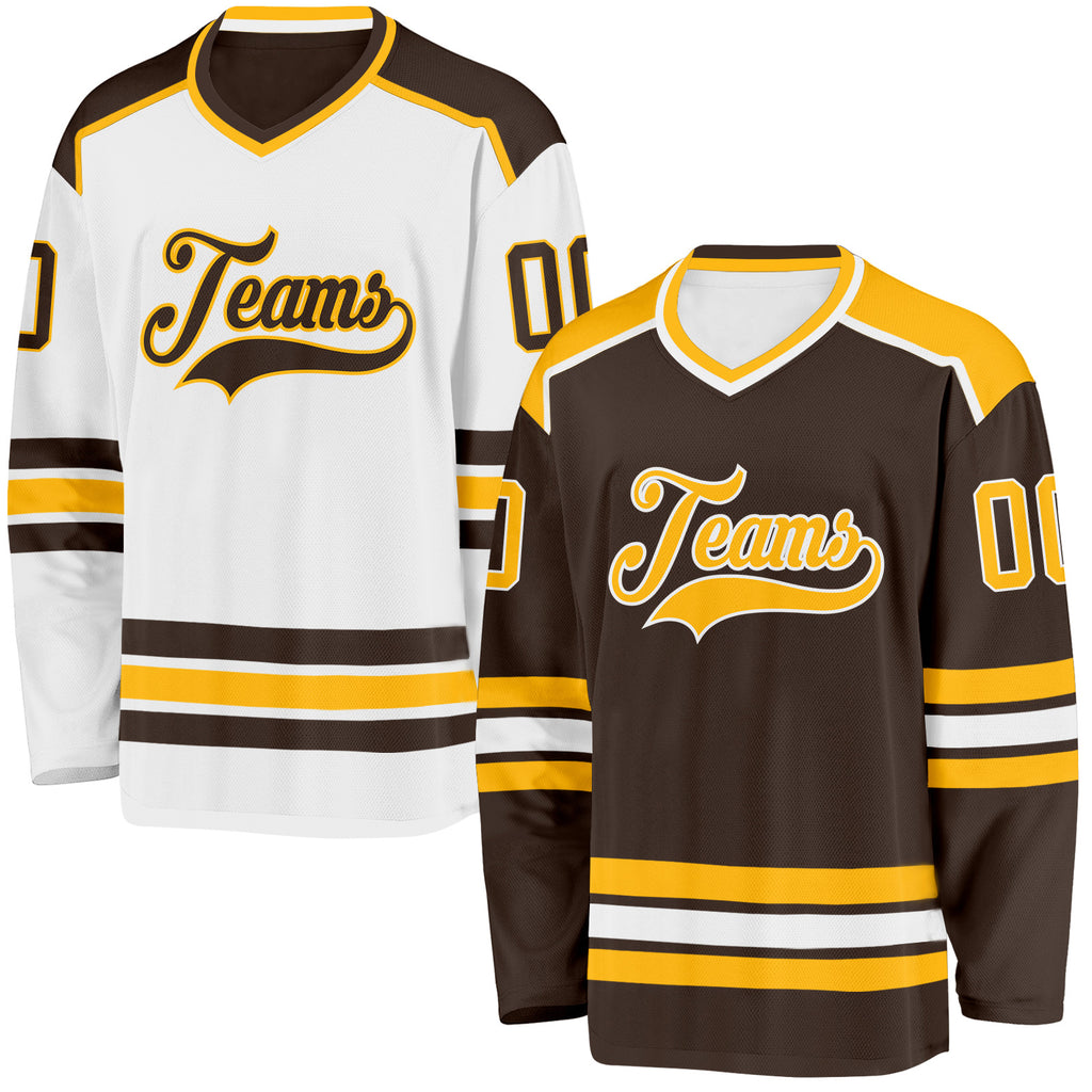 Custom Brown Gold-White Reversible Double Side Hockey Jersey