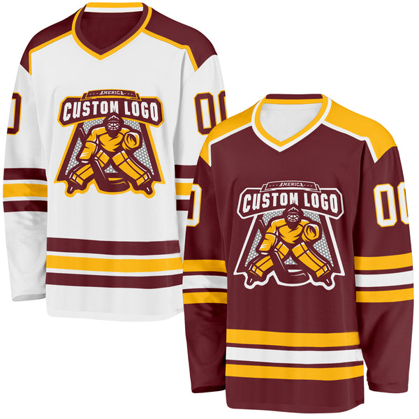 Custom Burgundy White-Gold Reversible Double Side Hockey Jersey
