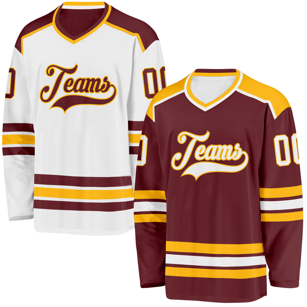 Custom Burgundy White-Gold Reversible Double Side Hockey Jersey