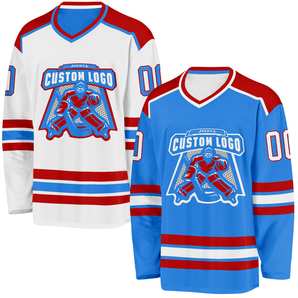 Custom Powder Blue White-Red Reversible Double Side Hockey Jersey