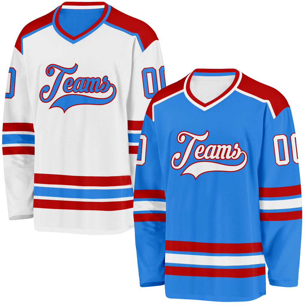 Custom Powder Blue White-Red Reversible Double Side Hockey Jersey