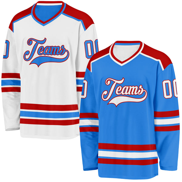 Custom Powder Blue White-Red Reversible Double Side Hockey Jersey