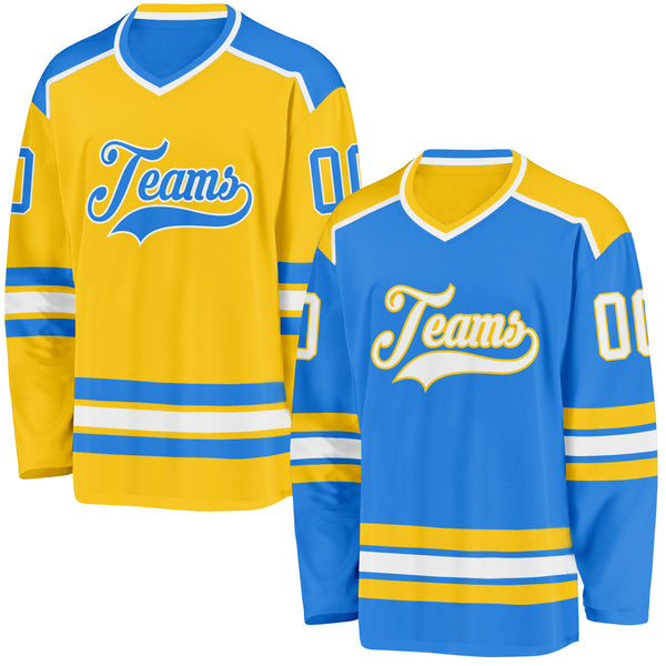 Custom Powder Blue White-Yellow Reversible Double Side Hockey Jersey