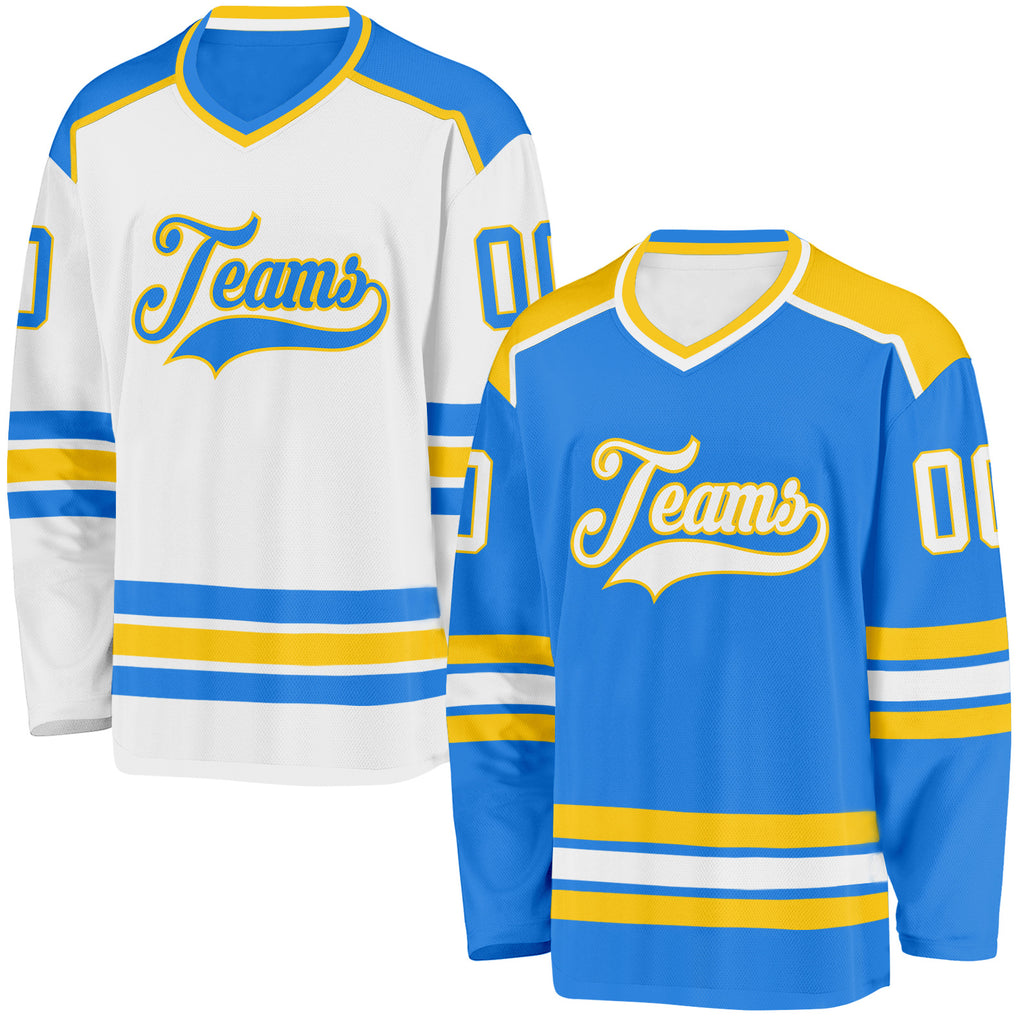 Custom Powder Blue White-Yellow Reversible Double Side Hockey Jersey