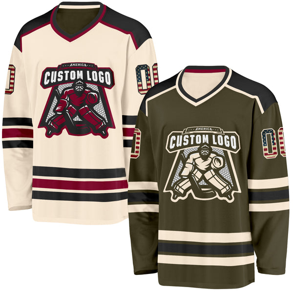 Custom Olive Vintage USA Flag Cream-Black Reversible Double Side Hockey Jersey