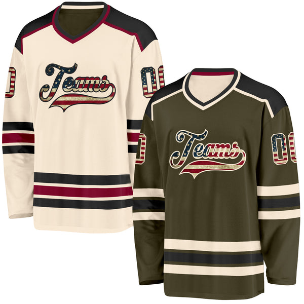 Custom Olive Vintage USA Flag Cream-Black Reversible Double Side Hockey Jersey