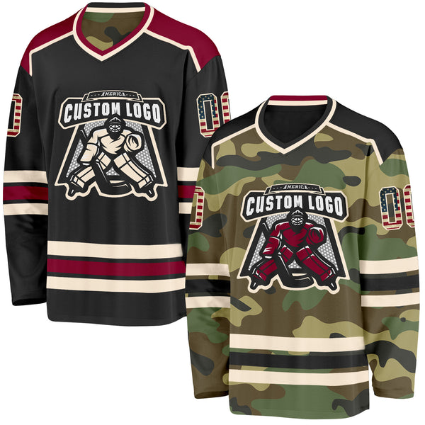 Custom Camo Vintage USA Flag Cream-Black Reversible Double Side Hockey Jersey