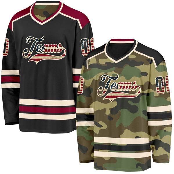 Custom Camo Vintage USA Flag Cream-Black Reversible Double Side Hockey Jersey